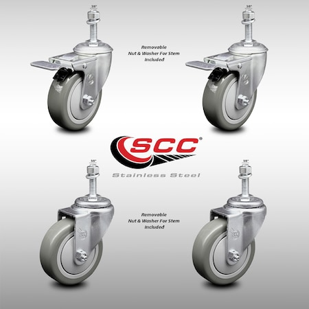 Service Caster 4 Inch SS Gray Polyurethane 3/8 Inch Threaded Stem Caster Total Lock Brake, 2PK SCC-SSTSTTL20S414-PPUB-381615-2-S-2